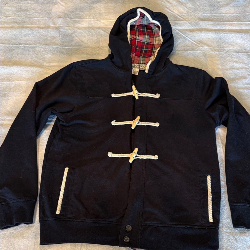 CHOR CLOTHING Co. Men's Navy Blue Toggle Jacket with Plaid lining and Hood
